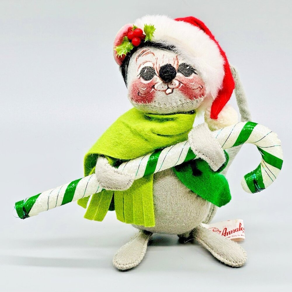 Annalee Mouse Candy Cane Santa Hat 6.5 inch 1988 Vintage Christmas USA Open Eyes